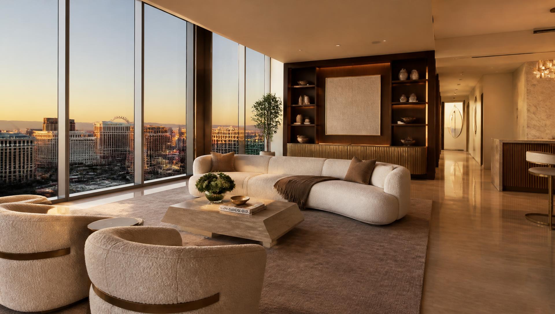 Luxury Las Vegas living room interior designed by Luxe Interior Design with city views